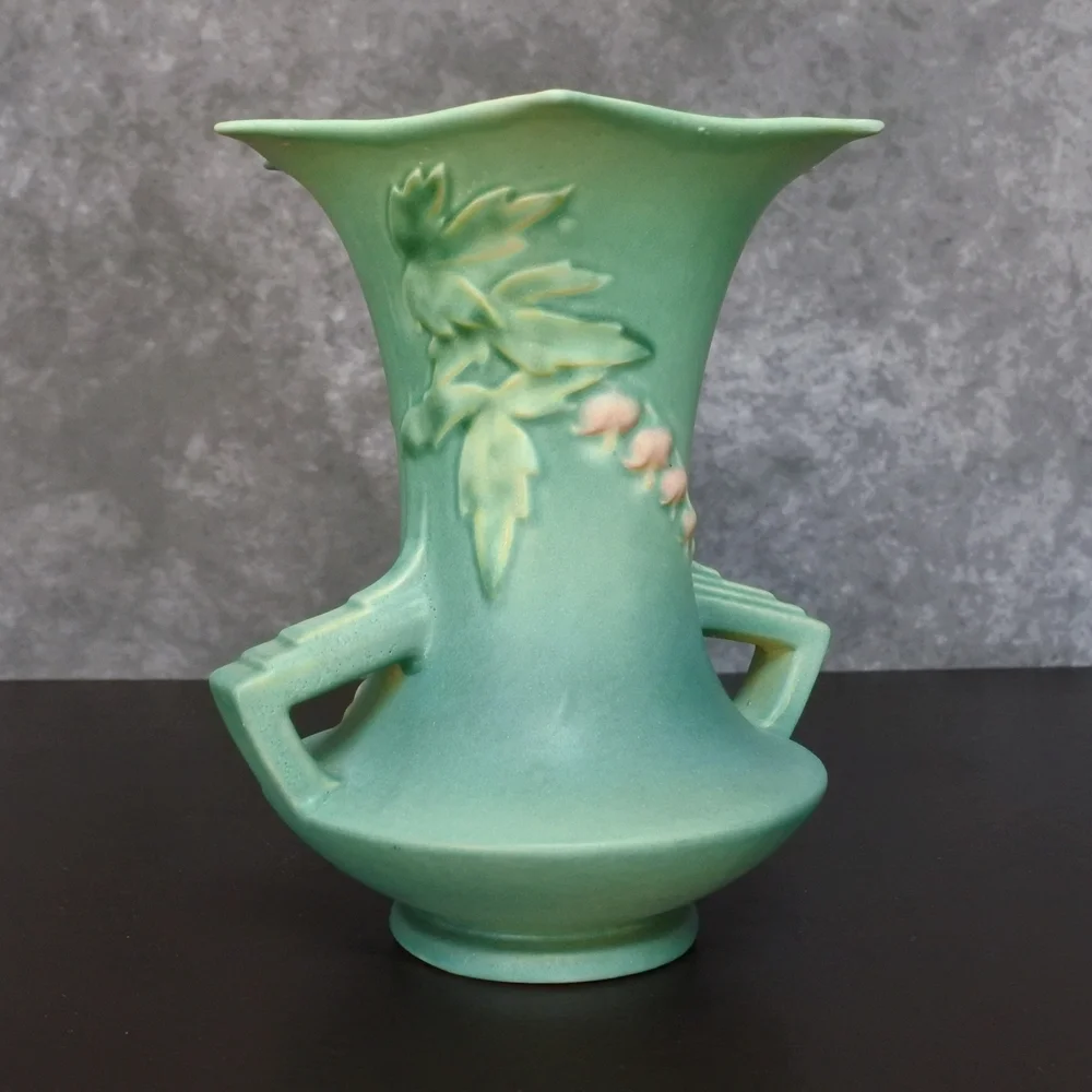 Vintage 1940s Roseville Pottery Bleeding Heart Pink Floral Green Vase 969-8 - Picture 5 of 9